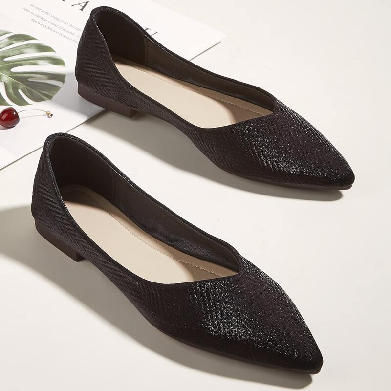 

Point Toe Textured Ballet Flats, Black