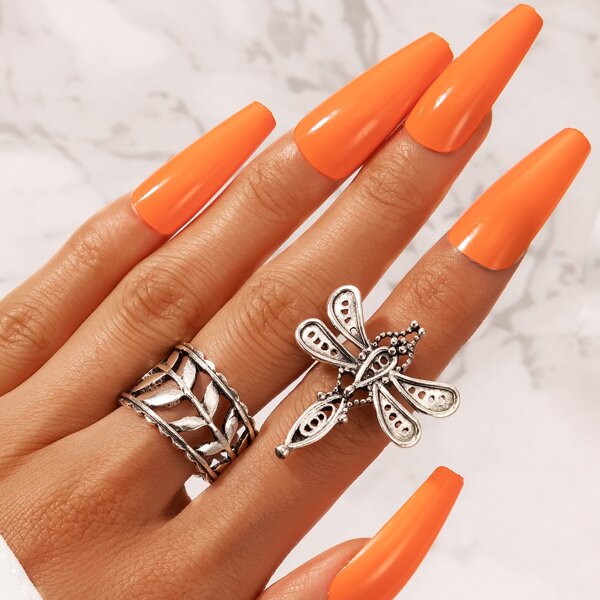 

2pcs Dragonfly & Leaf Decor Ring, Silver