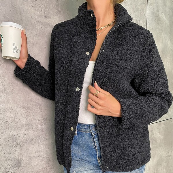 

Button & Zipper Placket Teddy Jacket, Black