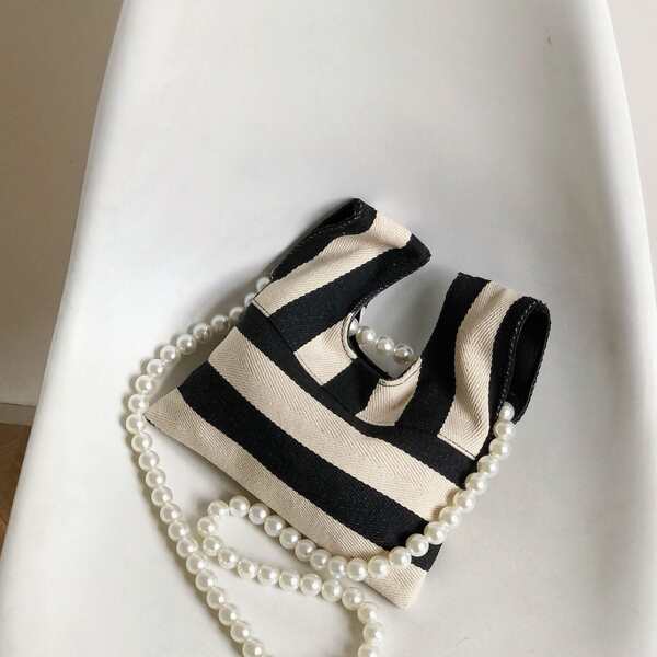 

Pearls Decor Striped Pattern Novelty Bag, Black and white