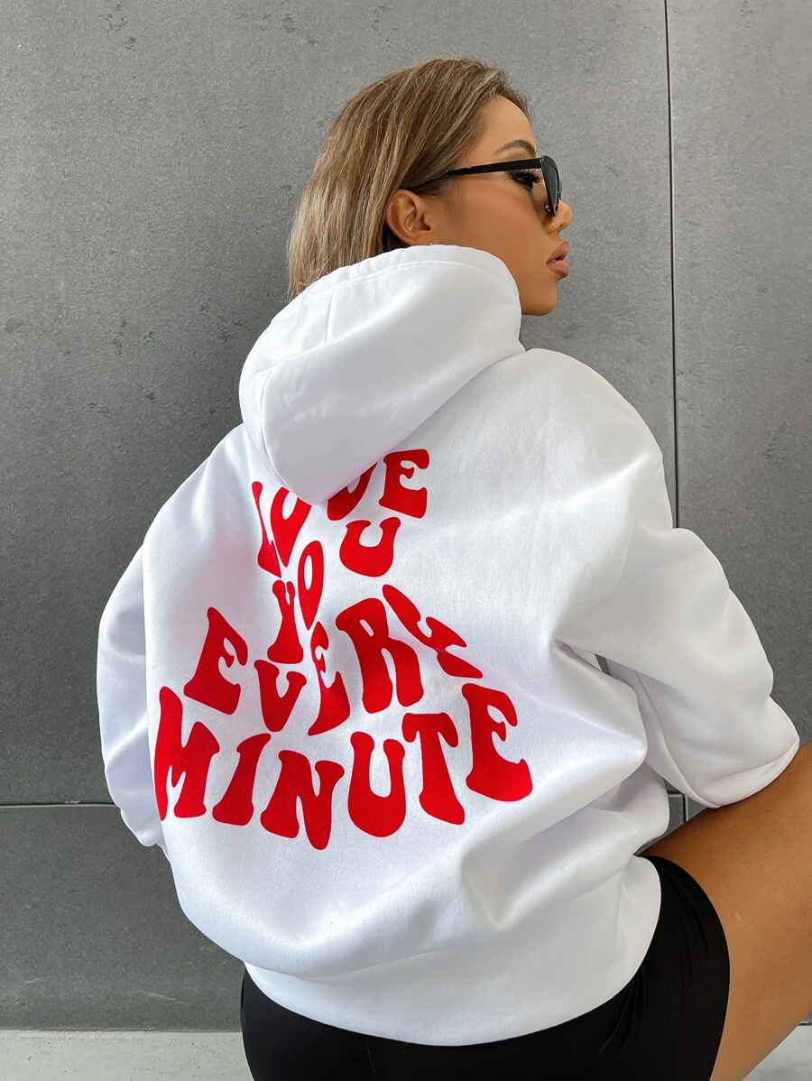 SHEIN Slogan Graphic Drop Shoulder Hoodie LOVE YOU EVERY MINUTE - White - View 1