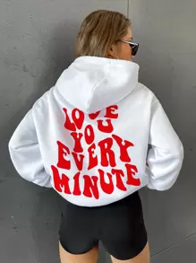 SHEIN Slogan Graphic Drop Shoulder Hoodie LOVE YOU EVERY MINUTE - White - View 4
