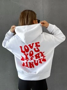 SHEIN Slogan Graphic Drop Shoulder Hoodie LOVE YOU EVERY MINUTE - White - View 5