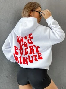 SHEIN Slogan Graphic Drop Shoulder Hoodie LOVE YOU EVERY MINUTE - White - View 6