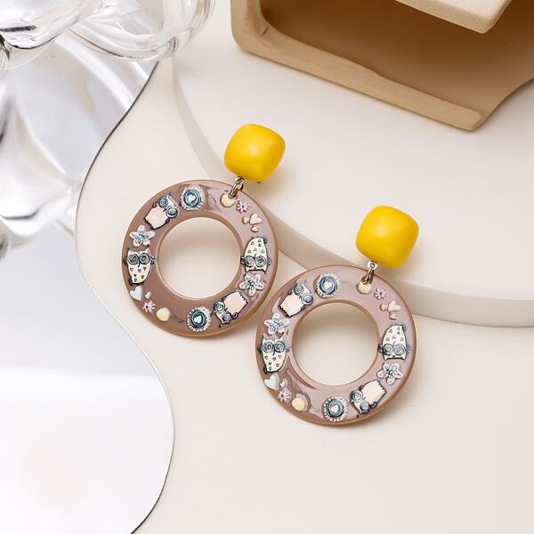

Owl Print Round Drop Earrings, Multicolor