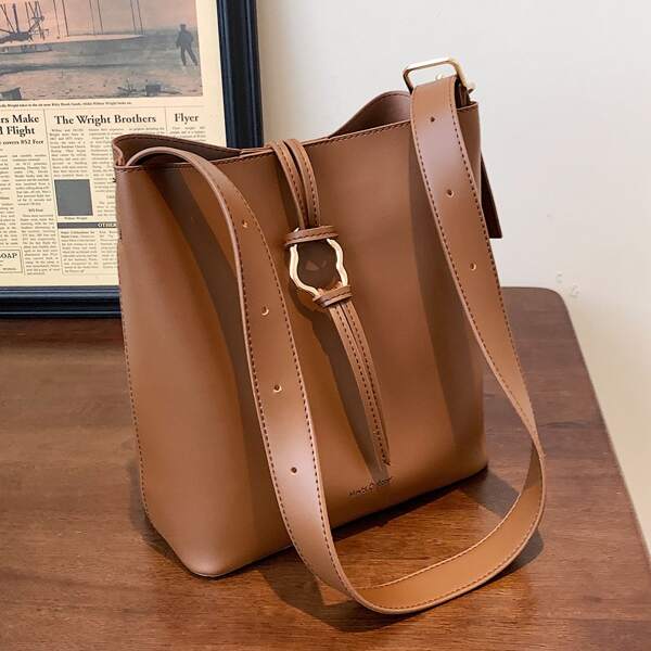 

Minimalist Snap Button Bucket Bag, Brown