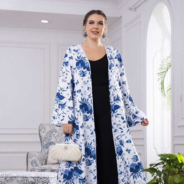 

Plus Floral Print Open Front Abaya, Blue and white