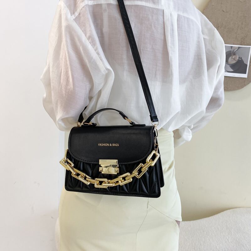 

Chain Decor Chevron Satchel Bag, Black