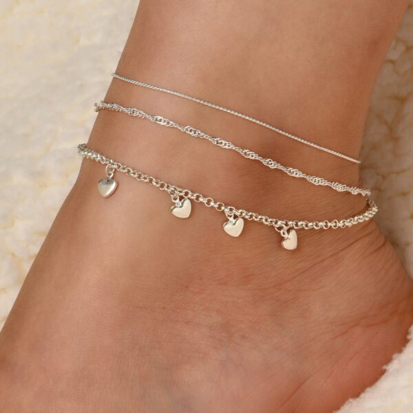 

3pcs Heart Charm Anklet, Silver