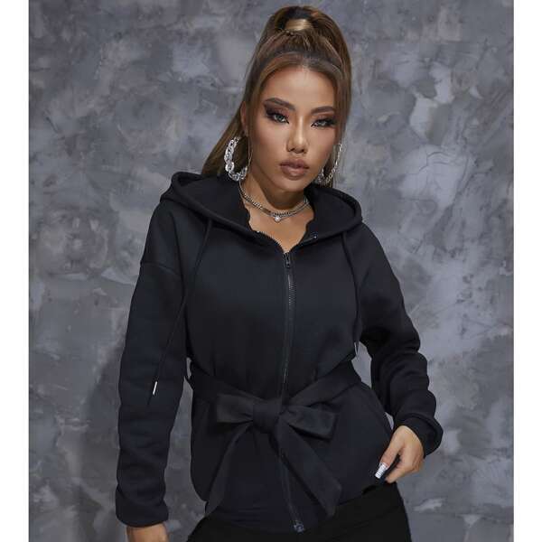

Belted Zip Up Drawstring Hoodie, Black