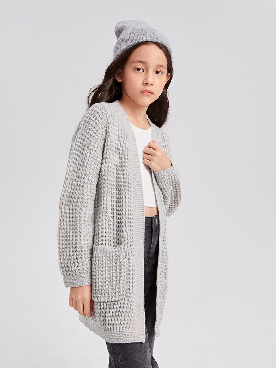 SHEIN Girls Solid Drop Shoulder Dual Pocket Cardigan - Light Grey - View 1