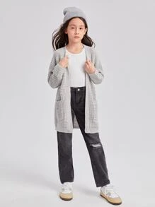 SHEIN Girls Solid Drop Shoulder Dual Pocket Cardigan - Light Grey - View 3