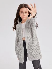 SHEIN Girls Solid Drop Shoulder Dual Pocket Cardigan - Light Grey - View 4