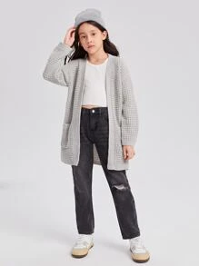 SHEIN Girls Solid Drop Shoulder Dual Pocket Cardigan - Light Grey - View 5