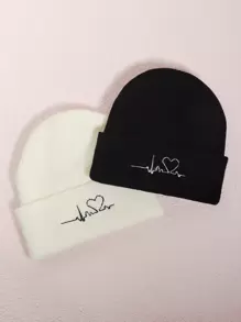 2pcs ECG Embroidered Knit Beanies, Suitable For Everyday Wear - Black and White - View 12