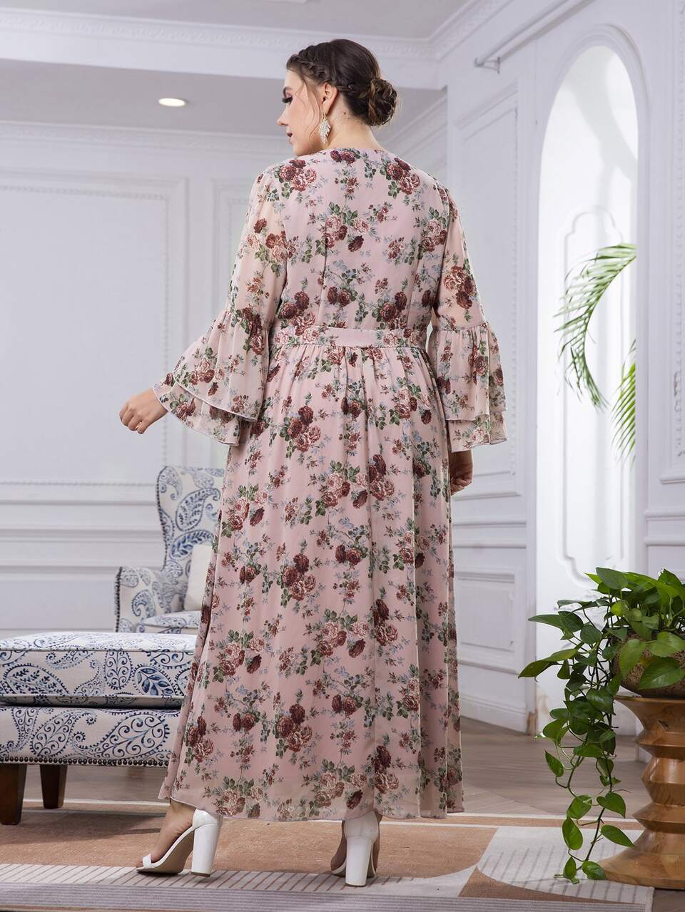 Plus Surplice Neck Floral Print Layered Flounce Sleeve Chiffon Dress