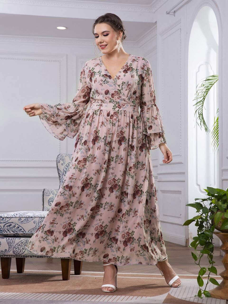 Plus Surplice Neck Floral Print Layered Flounce Sleeve Chiffon Dress