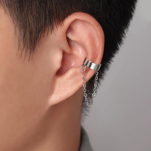 

1pair Men Chain Decor Ear Cuff, Silver