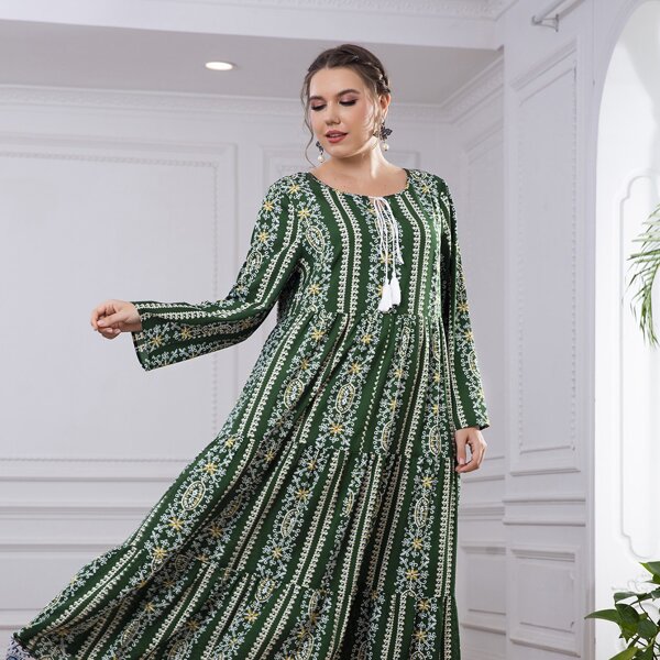 

Plus Tassel Tie Neck Allover Print Smock Dress, Green