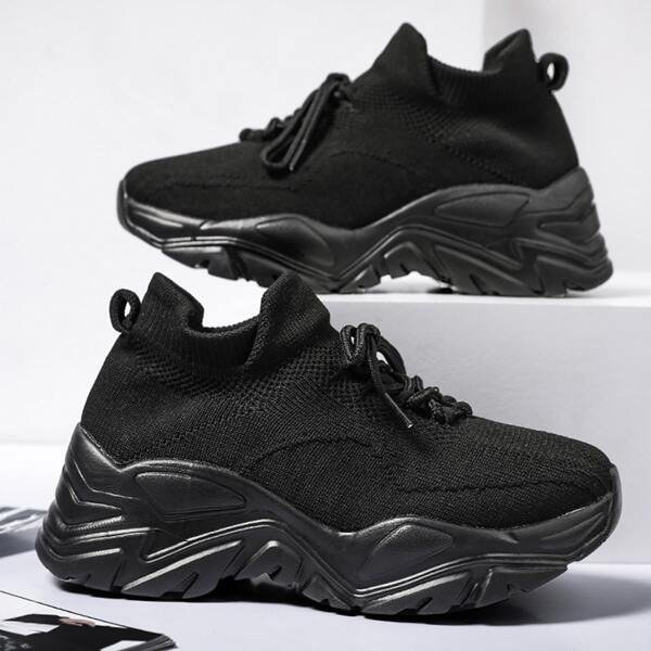 

Knit Lace Up Front Chunky Sneakers, Black