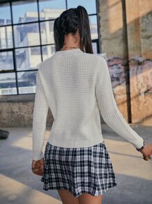 PUNK 網紗拼接前蝴蝶結華夫格編織套頭毛衣 - 米色 - 查看 2