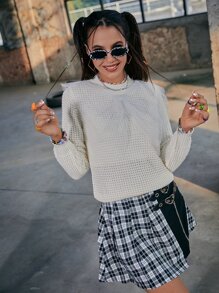 PUNK 網紗拼接前蝴蝶結華夫格編織套頭毛衣 - 米色 - 查看 3