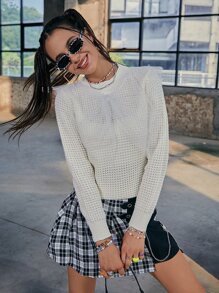 PUNK 網紗拼接前蝴蝶結華夫格編織套頭毛衣 - 米色 - 查看 6
