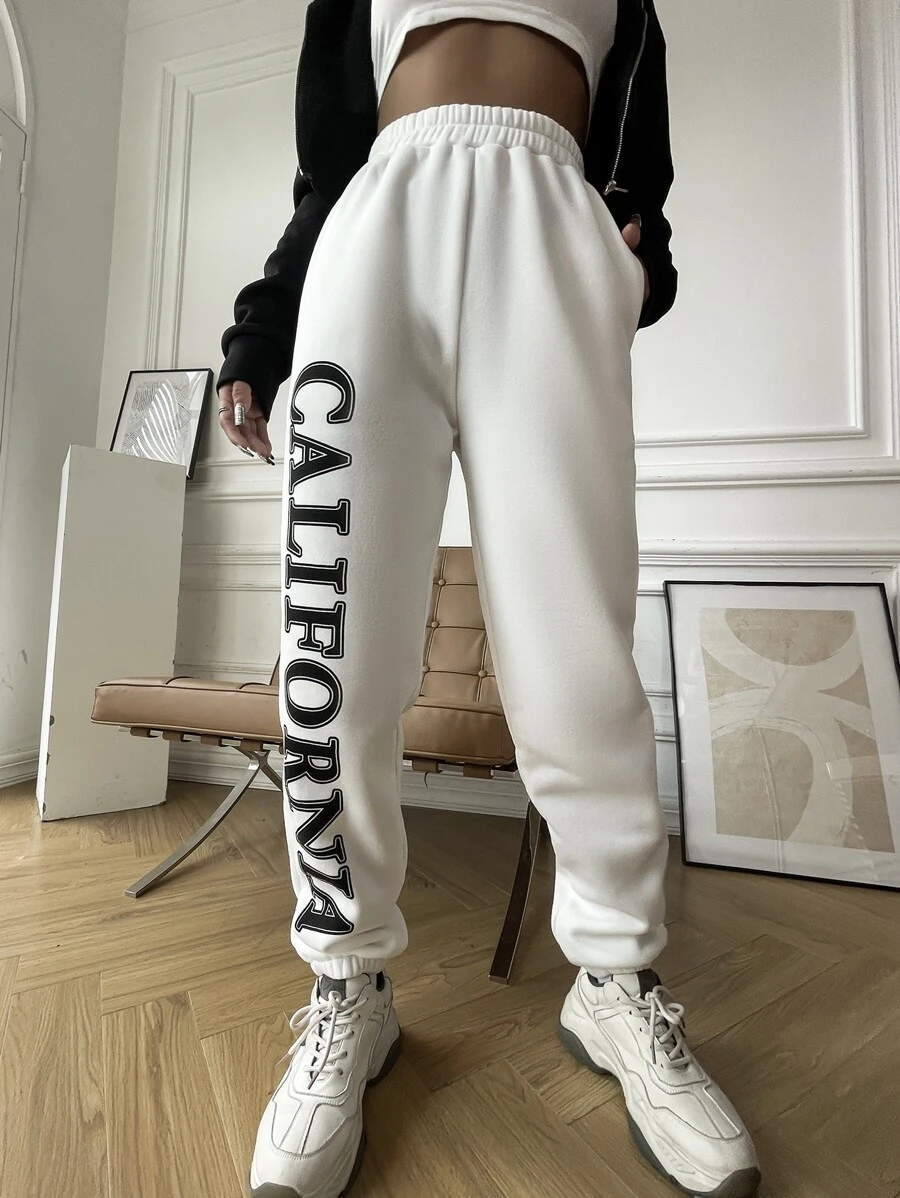 SHEIN Unity Letter Graphic Slant Pockets Sweatpants - White - View 1