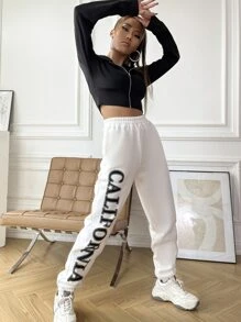 SHEIN Unity Letter Graphic Slant Pockets Sweatpants - White - View 3