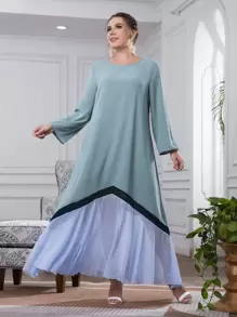 大碼網紗拼接洋裝 - 青碧色 - 查看 1