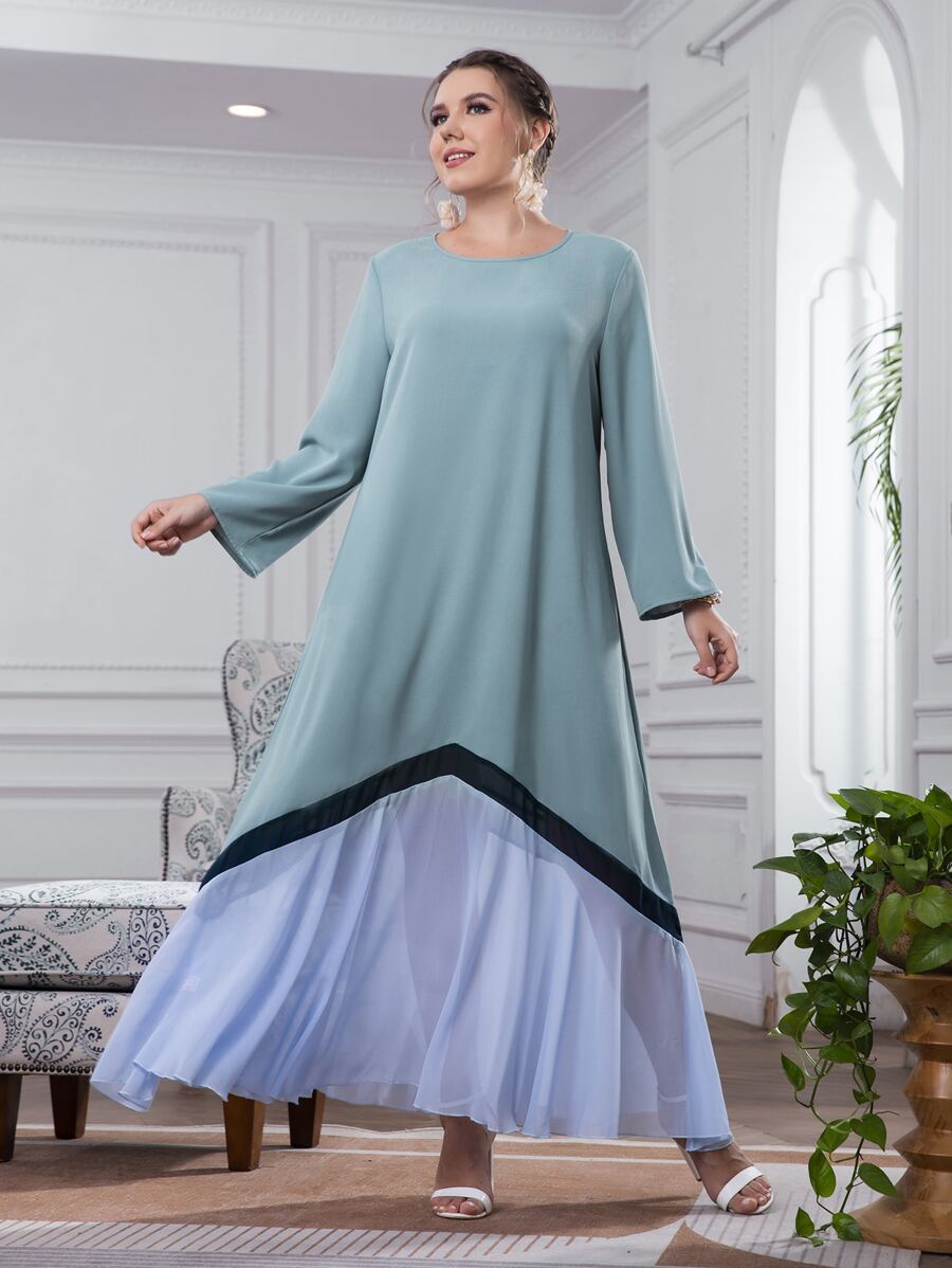 大碼網紗拼接洋裝 - 青碧色 - 查看 1