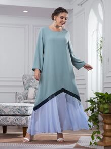 大碼網紗拼接洋裝 - 青碧色 - 查看 3