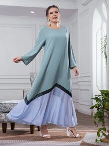 大碼網紗拼接洋裝 - 青碧色 - 查看 4