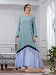 大碼網紗拼接洋裝 - 青碧色 - 查看 5