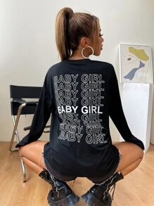 Camiseta de hombros caídos con estampado de letra - Negro - Ver 2