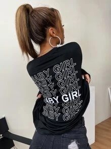 Camiseta de hombros caídos con estampado de letra - Negro - Ver 3