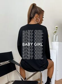 Camiseta de hombros caídos con estampado de letra - Negro - Ver 4