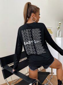 Camiseta de hombros caídos con estampado de letra - Negro - Ver 6