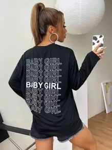 Camiseta de hombros caídos con estampado de letra - Negro - Ver 1