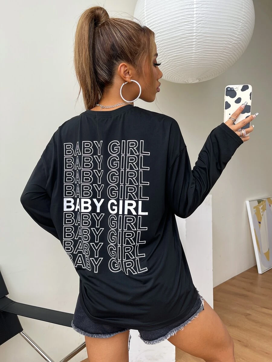 Camiseta de hombros caídos con estampado de letra - Negro - Ver 1