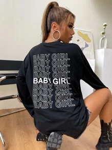 Camiseta de hombros caídos con estampado de letra - Negro - Ver 8