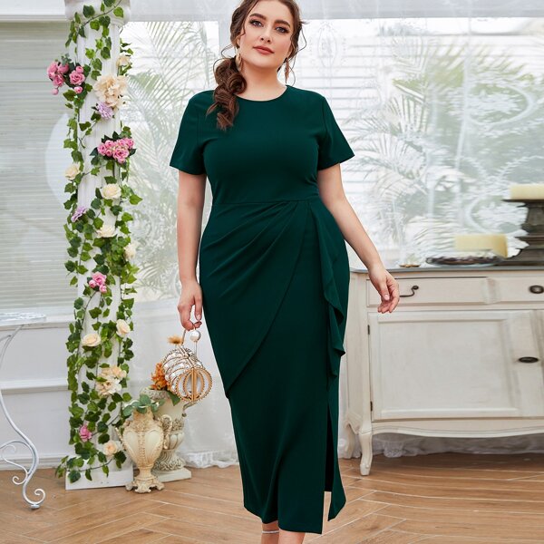 

Plus Ruffle Trim Split Hem Dress, Dark green