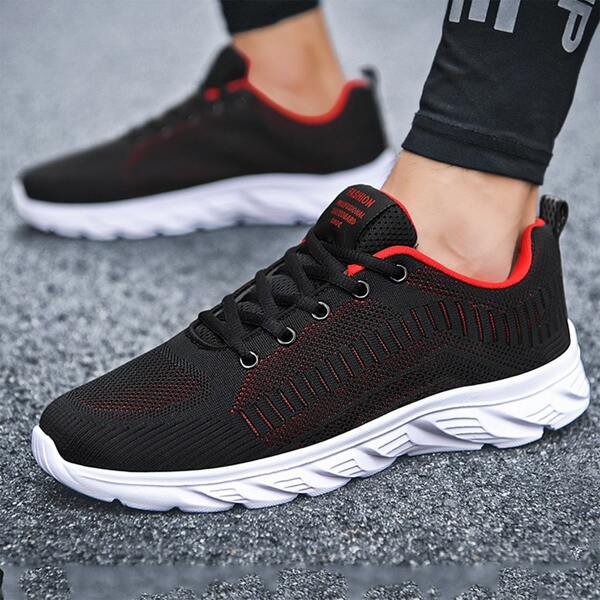 

Men Patch Decor Lace-up Running Shoes, Black