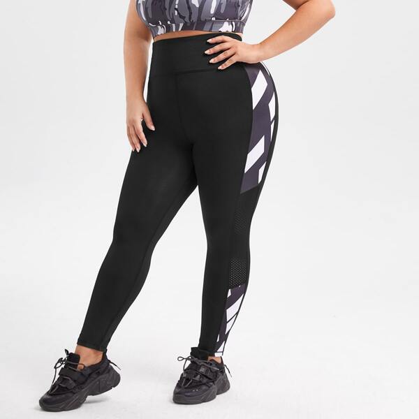 

Plus Contrast Panel Wideband Waist Sports Leggings, Black