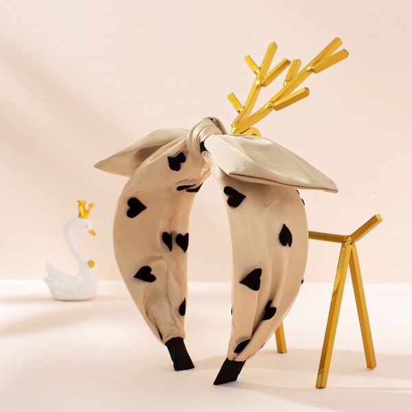 

Heart Print Bow Decor Headband, Khaki