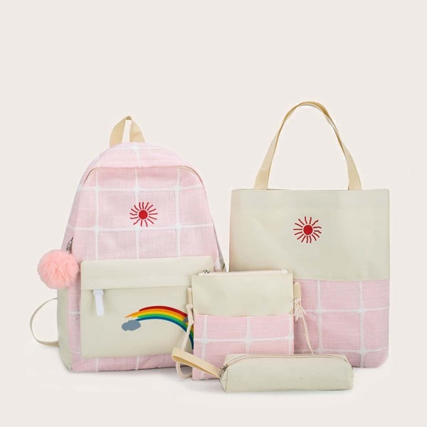 

4pcs Kids Plaid Backpack Set, Pink
