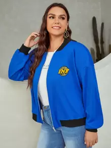 SHEIN EZwear Cazadora tipo bomber con diseño de parche ribete en contraste de hombros caídos - Azul Marino - Ver 1