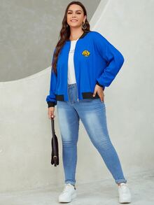 SHEIN EZwear Cazadora tipo bomber con diseño de parche ribete en contraste de hombros caídos - Azul Marino - Ver 3
