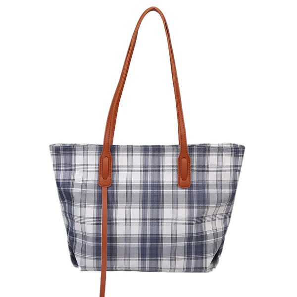 

Plaid Pattern Shoulder Tote Bag, Blue and white
