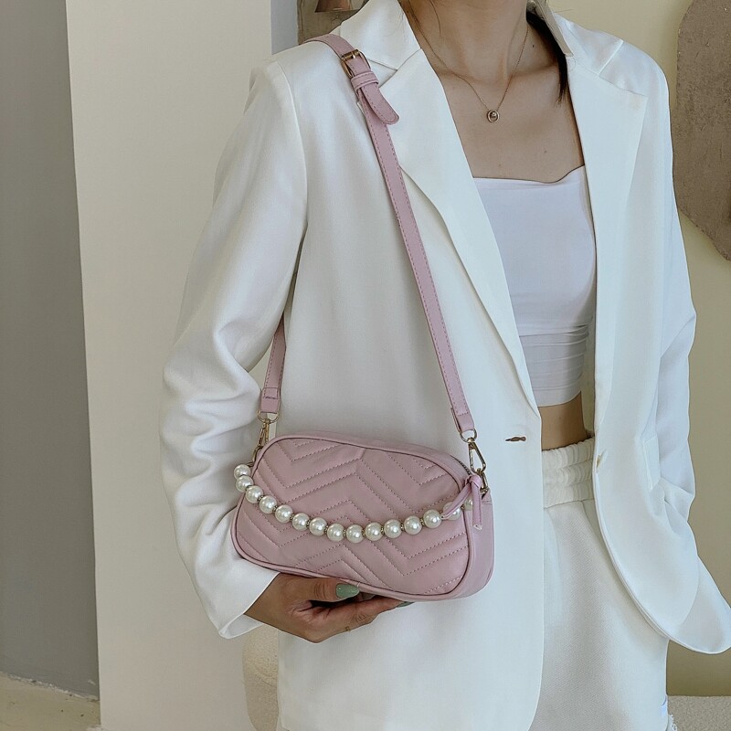 

Faux Pearl Decor Chevron Satchel Bag, Pink